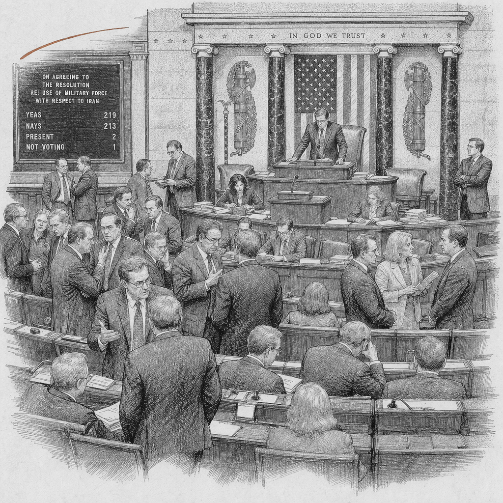 Illustration accompanying article: House narrowly rejects Iran war powers resolution in test of Trump’s strategy