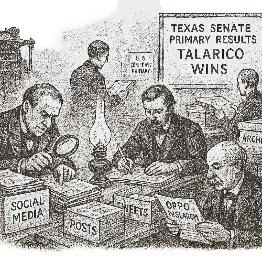 Illustration accompanying article: Republicans mine Talarico's social media history after Texas Senate primary win