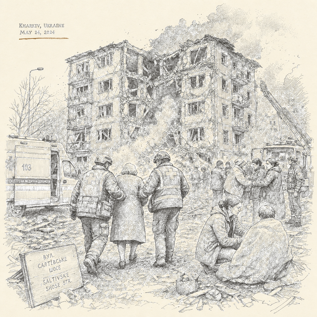 Illustration accompanying article: Russian missile kills 10 in Kharkiv apartment block, including two children
