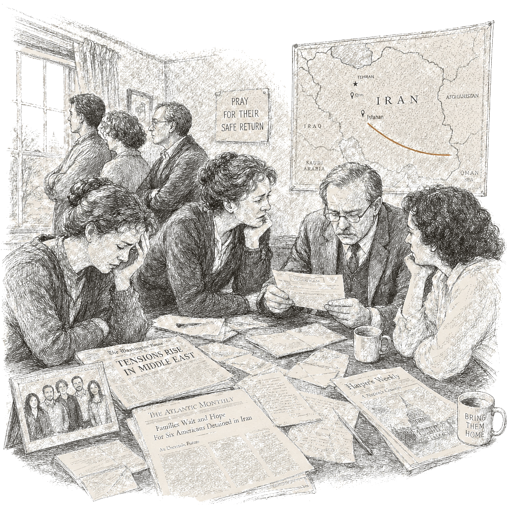Illustration accompanying article: Six Americans held in Iran face danger as war escalates, families say