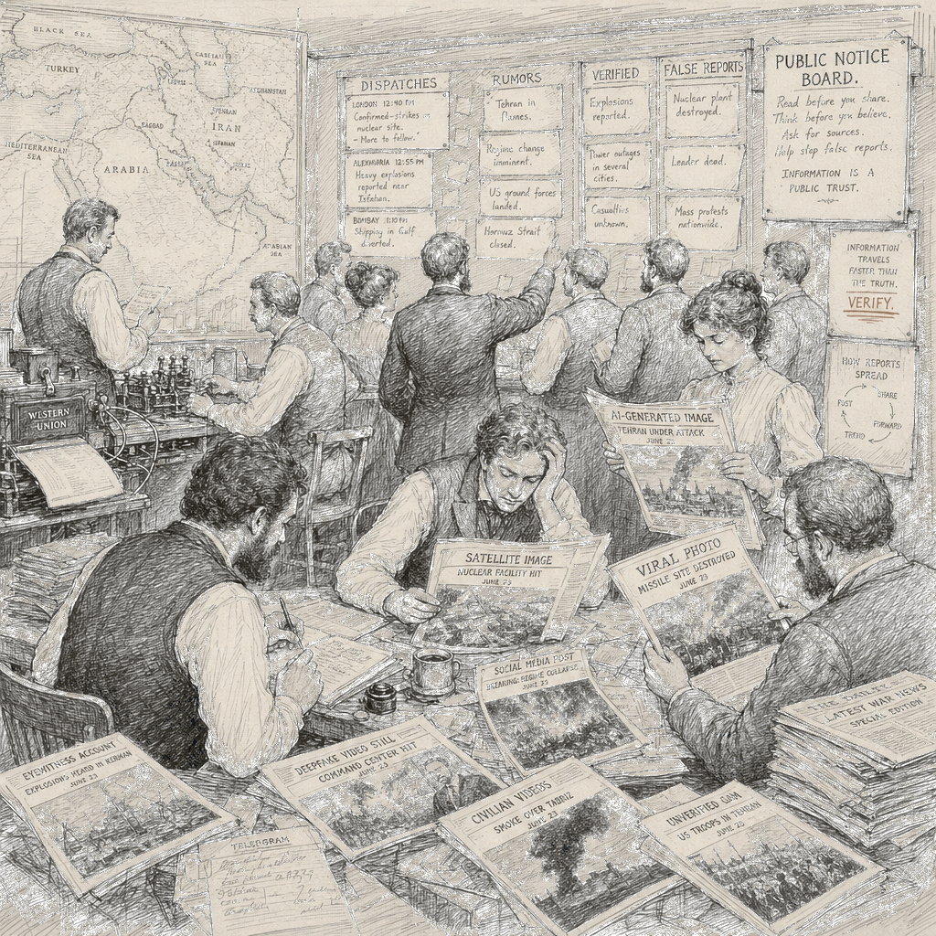 Illustration accompanying article: State actors fuel AI-generated misinformation about Iran war