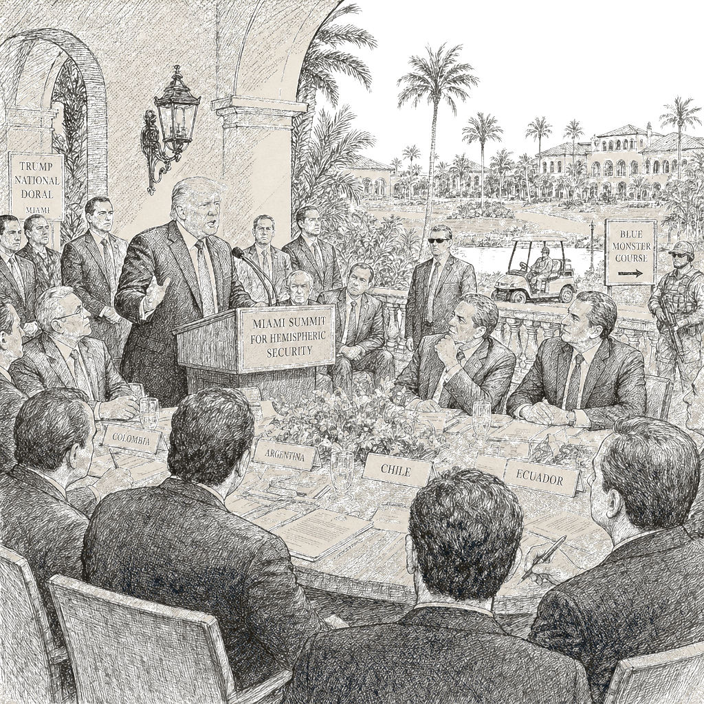 Illustration accompanying article: Trump calls for military force against cartels at Shield of the Americas summit