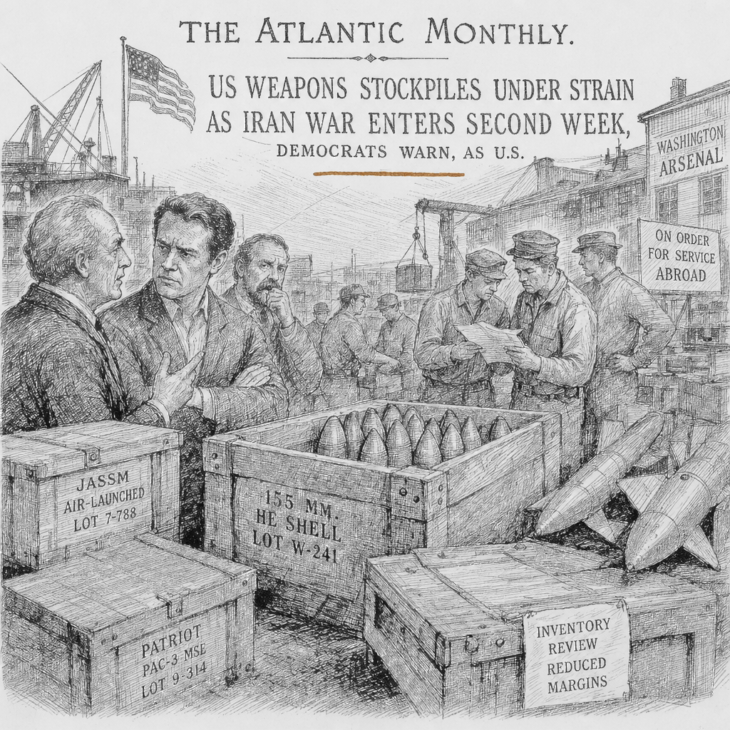 Illustration accompanying article: US weapons stockpiles under strain as Iran war enters second week, Democrats warn
