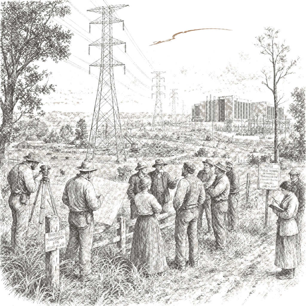 Illustration accompanying article: AI data centers drive high-voltage transmission expansion as landowners fight back