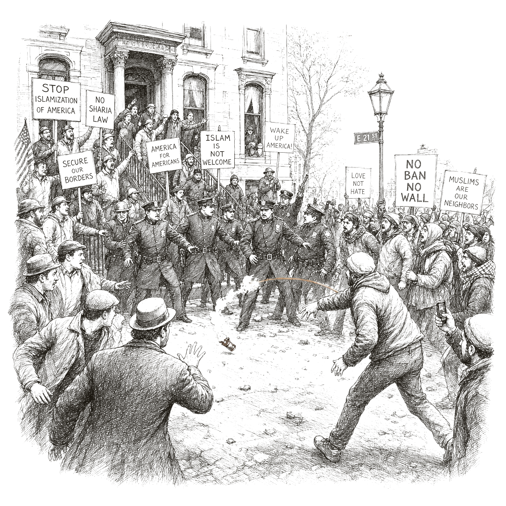 Illustration accompanying article: Counterprotester threw improvised explosive at anti-Islam rally outside NYC mayor's home