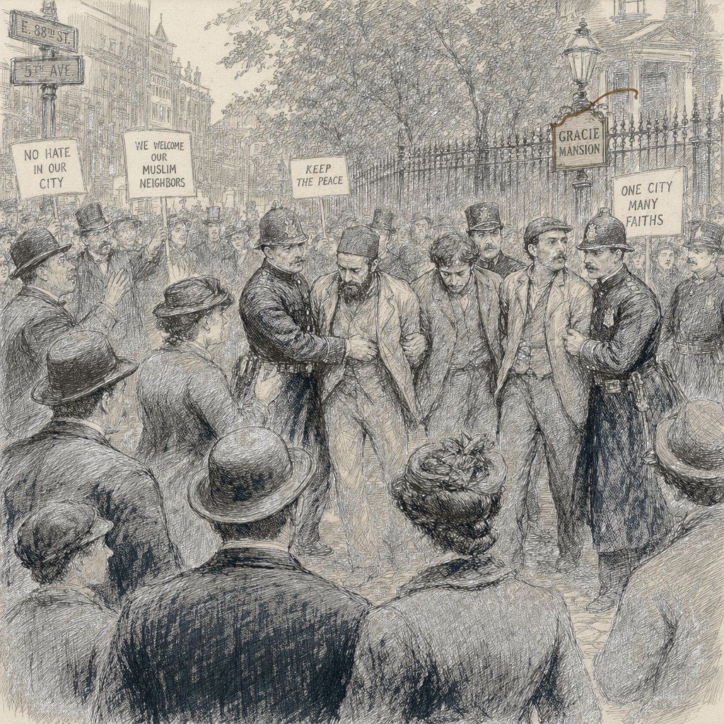 Illustration accompanying article: Three arrested after device thrown at anti-Islam protest near Gracie Mansion