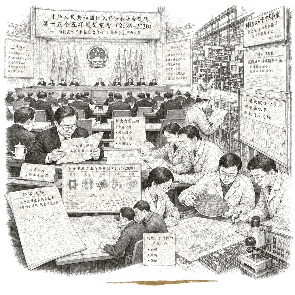 Illustration accompanying article: China's five-year plan targets AI, semiconductors, and tech self-sufficiency