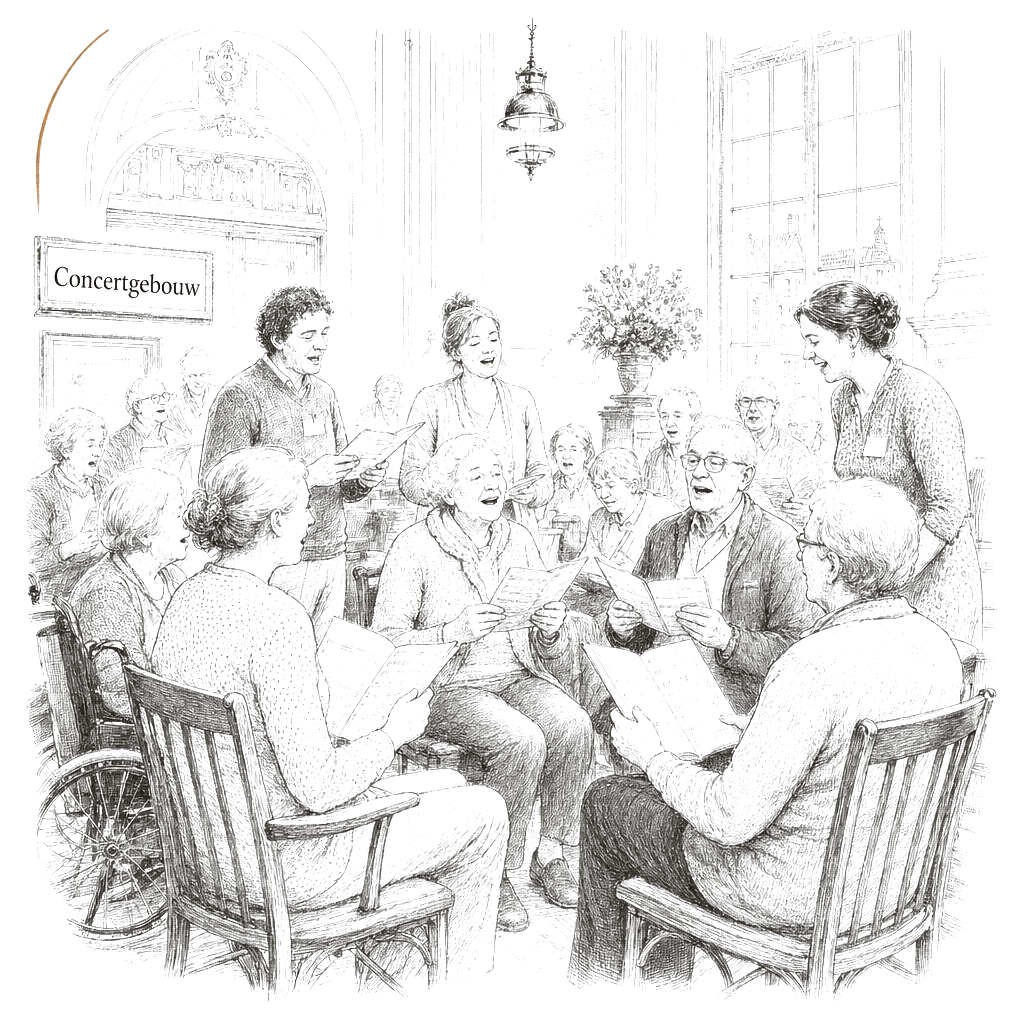 Illustration accompanying article: People with neurological conditions sing together in Amsterdam