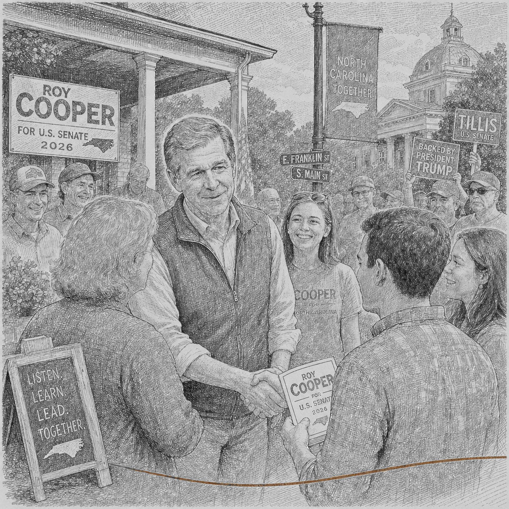 Illustration accompanying article: Trump's pick faces Democrat Roy Cooper in pivotal North Carolina Senate race