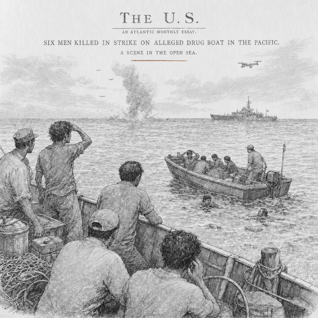 Illustration accompanying article: US military kills 6 in strike on alleged drug boat in the Pacific