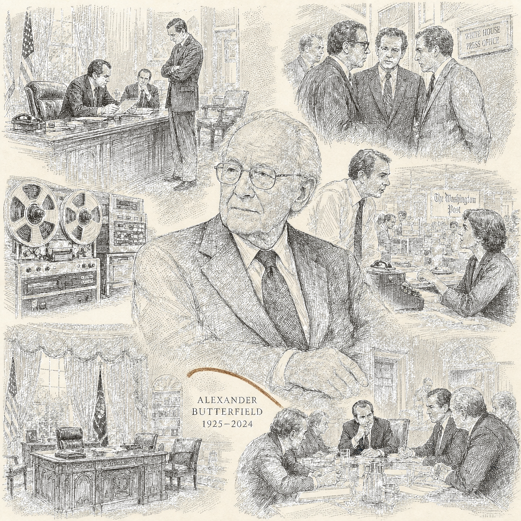 Illustration accompanying article: Alexander Butterfield, Nixon aide who disclosed Watergate tapes, dies at 99