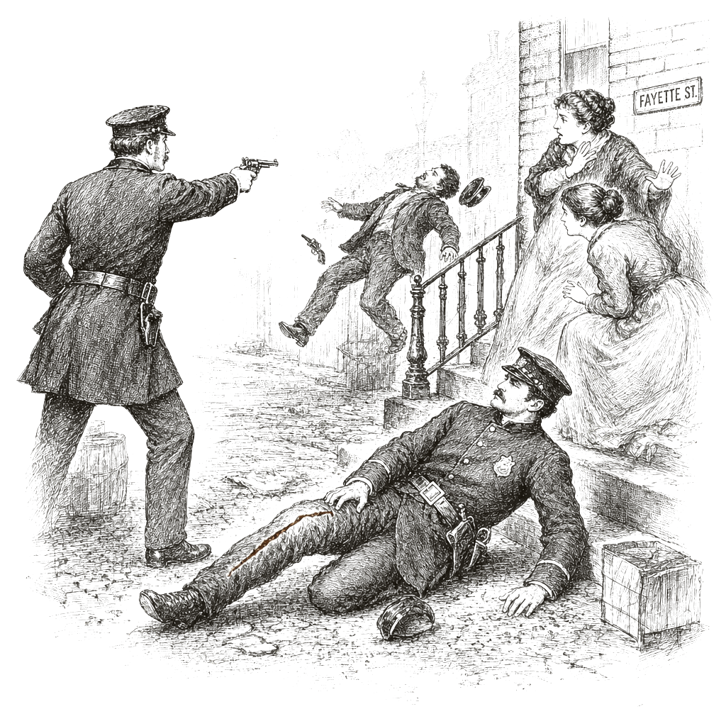 Illustration accompanying article: Baltimore officer shot in leg during burglary call; gunman killed by second officer