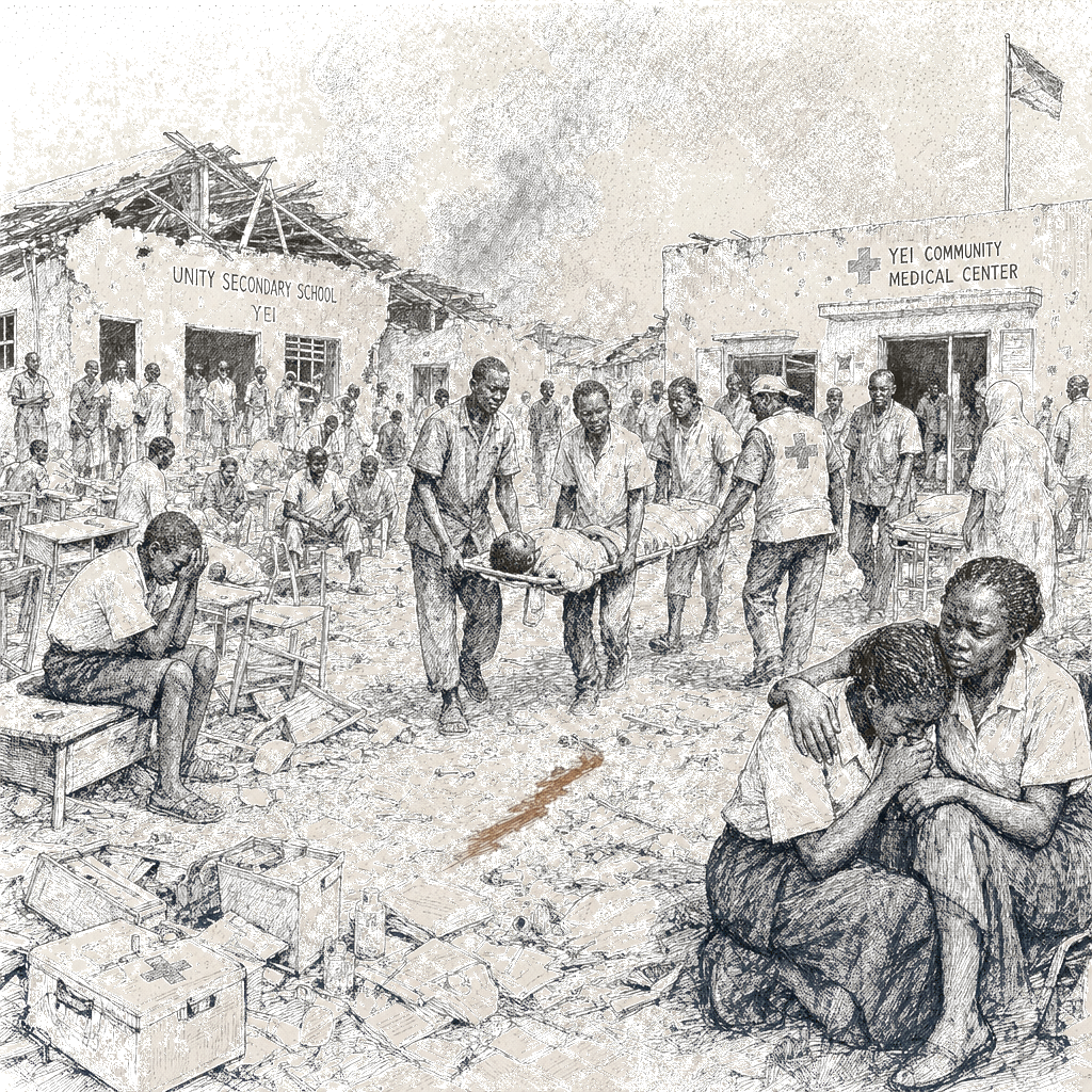 Illustration accompanying article: Drone strike hits Sudan school and medical center, killing 17, mostly schoolgirls