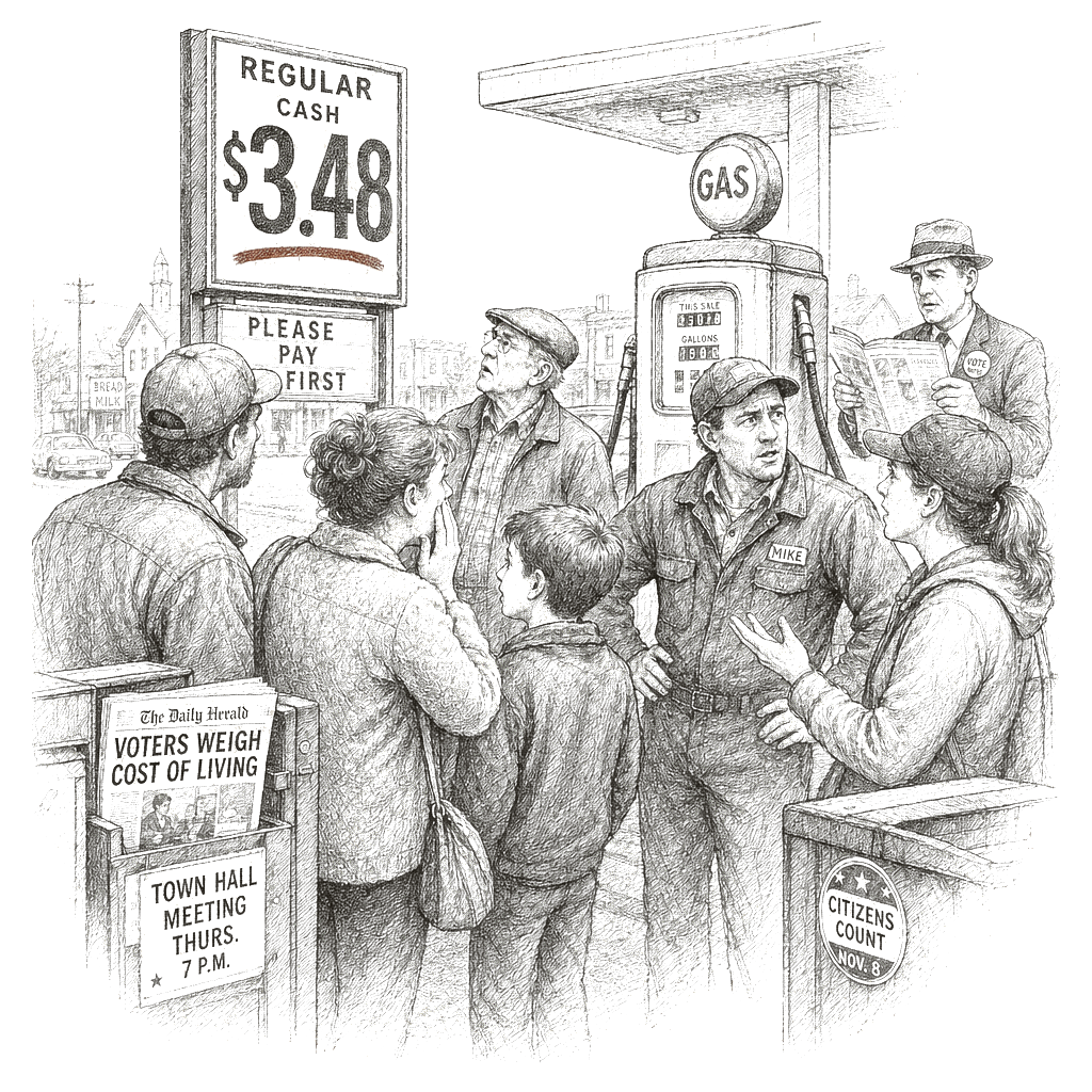 Illustration accompanying article: Gas prices reach $3.48 as Iran war sticker shock unites voters across party lines