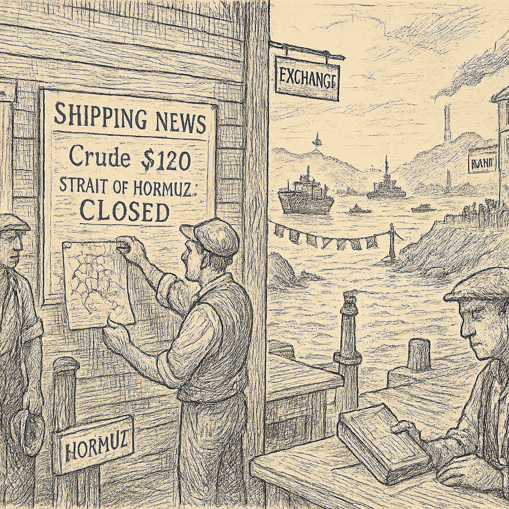 Illustration accompanying article: Iran war closure of Strait of Hormuz drives oil to $120, threatening global economy