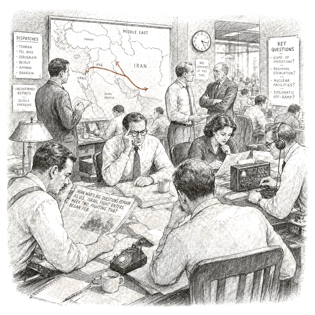 Illustration accompanying article: Iran war's big questions remain as U.S., Israel fight enters week two