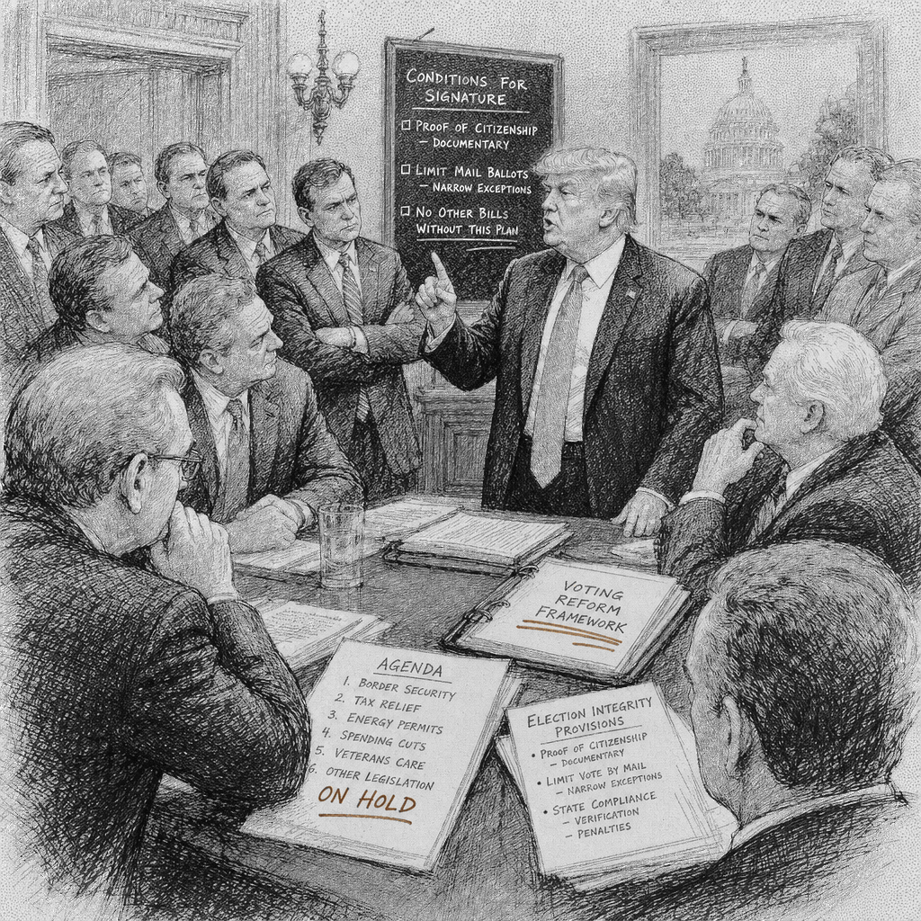 Illustration accompanying article: Trump tells GOP he will not sign bills without proof-of-citizenship vote plan