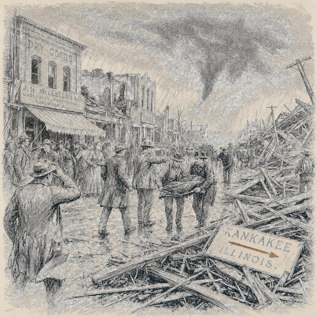 Illustration accompanying article: 2 killed as tornadoes smash into northwest Indiana and Kankakee, Illinois