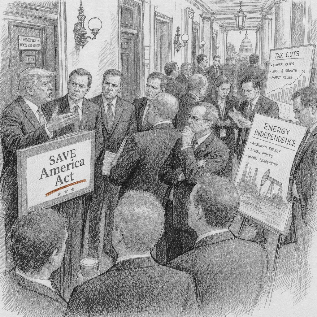 Illustration accompanying article: Trump presses SAVE America Act for midterms as House GOP highlights costs
