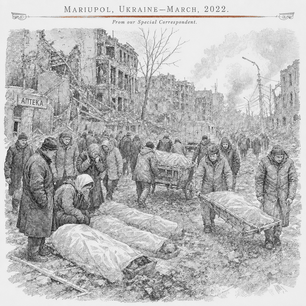 Illustration accompanying article: Bodies piled in Mariupol as Russian shelling cuts off burial and aid