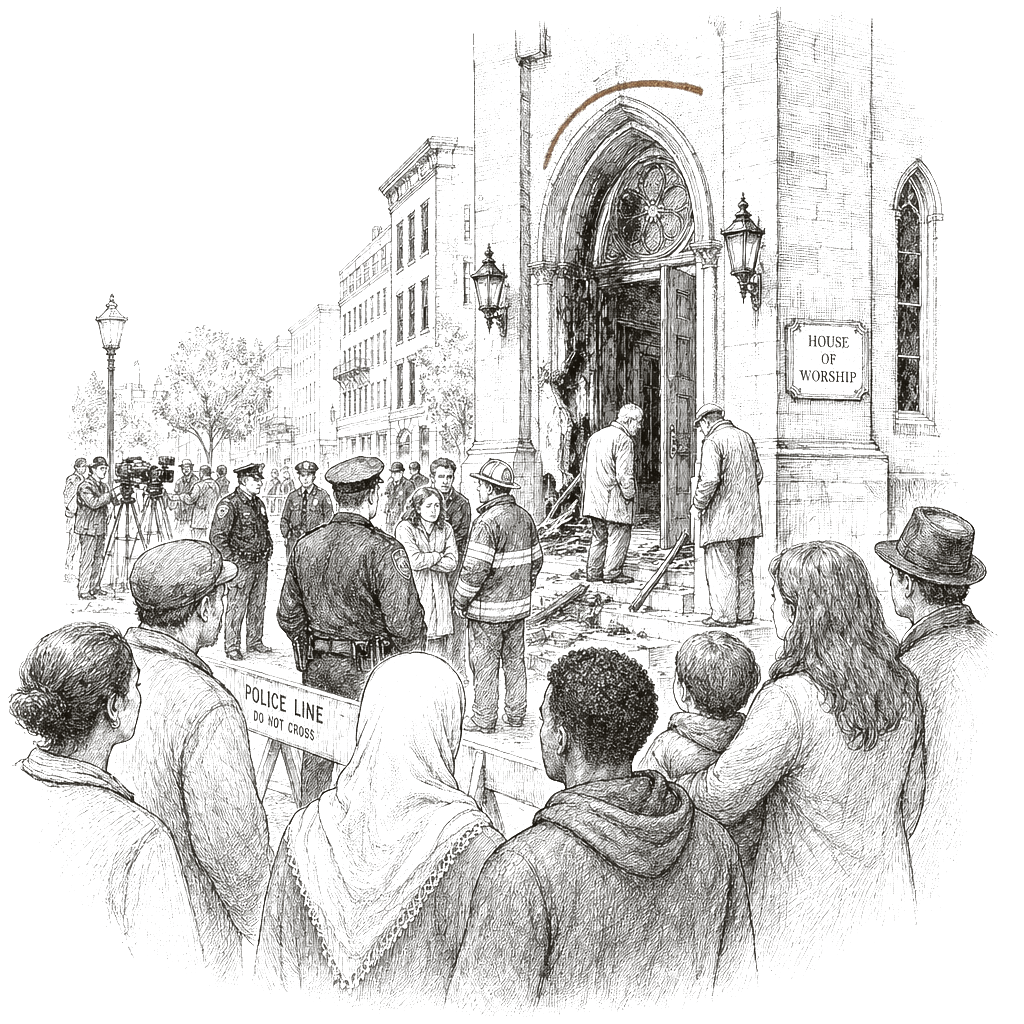 Illustration accompanying article: Global Attacks on Houses of Worship Prompt Safety Review