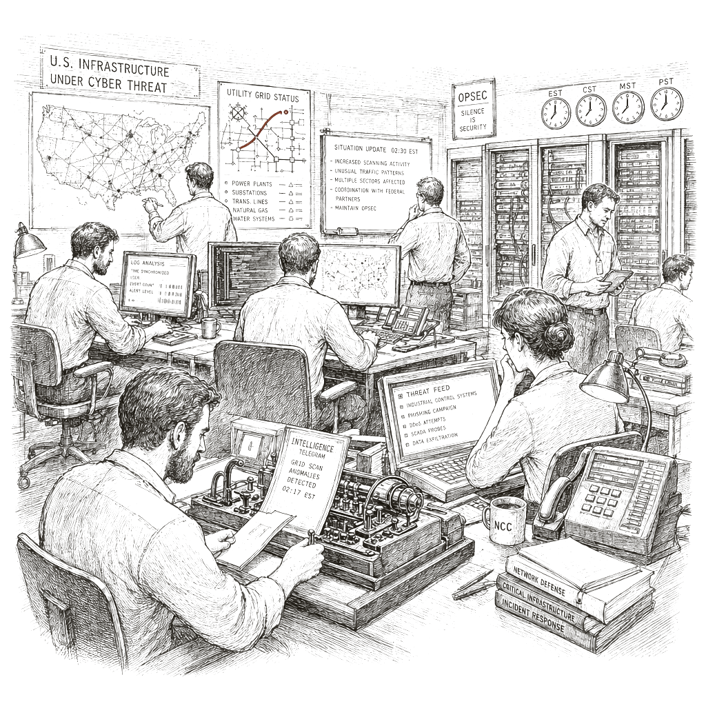 Illustration accompanying article: Iran-Linked Hackers Target US Infrastructure as War Escalates
