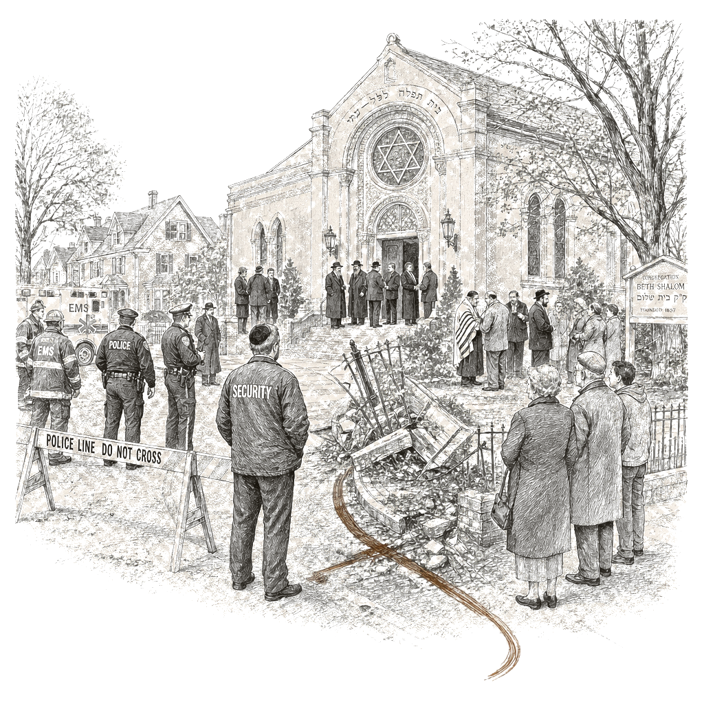 Illustration accompanying article: Synagogue ambush heightens fear for houses of worship worldwide