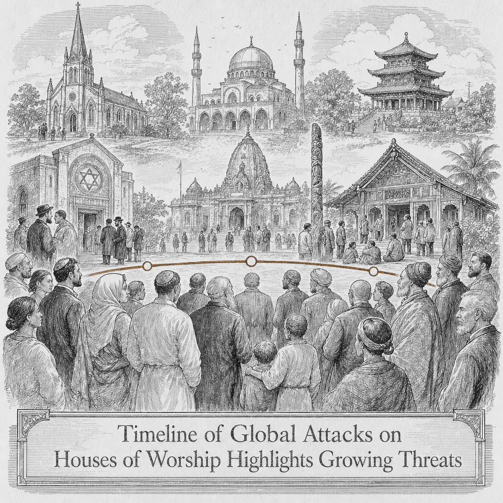 Illustration accompanying article: Timeline of Global Attacks on Houses of Worship Highlights Growing Threats