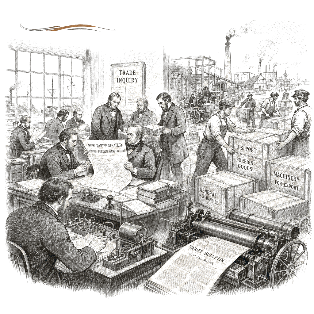 Illustration accompanying article: Trump administration kicks off new tariff strategy for foreign manufacturing