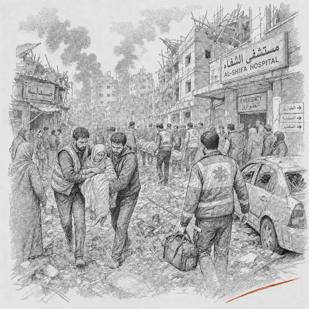 Illustration accompanying article: 12 Palestinians killed in Israeli strikes on central Gaza