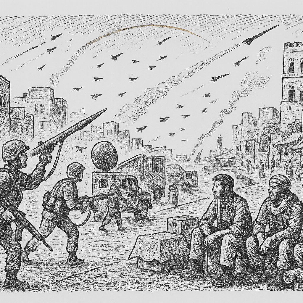 Illustration accompanying article: Iran-allied groups join Mideast war as Yemen's Houthis stay sidelined