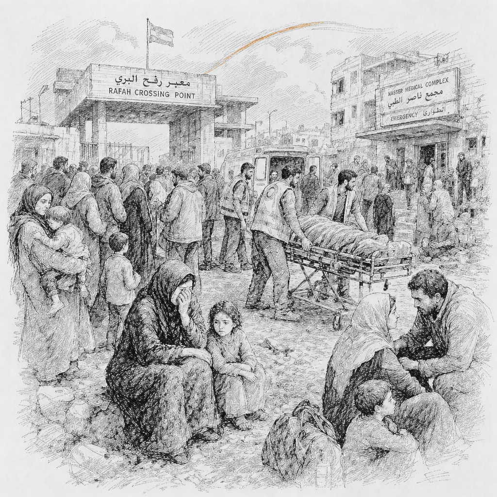 Illustration accompanying article: Israel strikes kill 12 in Gaza as Rafah crossing reopening is set