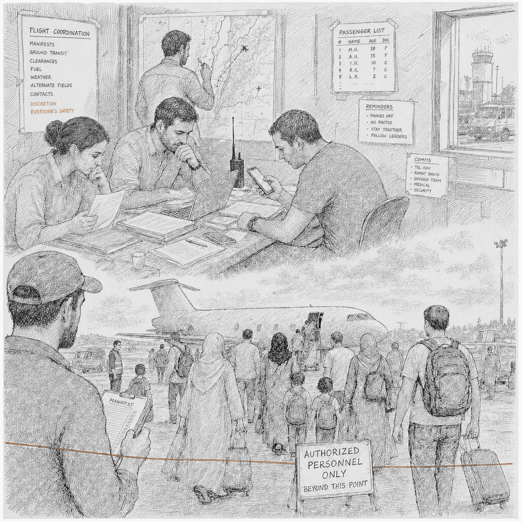 Illustration accompanying article: Israeli group discreetly organized mystery flights evacuating Palestinians