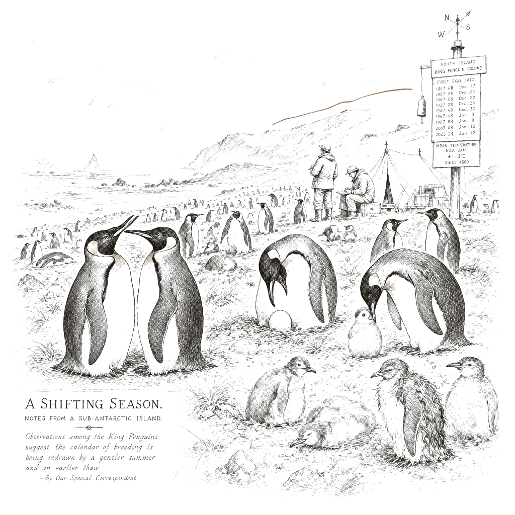 Illustration accompanying article: King penguins breed earlier as warming climate shifts timing