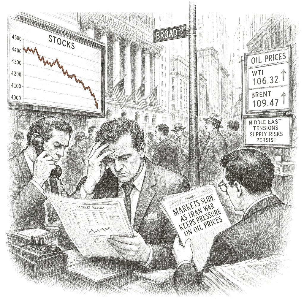 Illustration accompanying article: US stocks slide as Iran war keeps pressure on oil prices