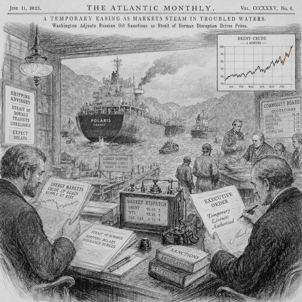 Illustration accompanying article: US temporarily eases Russian oil sanctions as Strait of Hormuz disruption drives prices