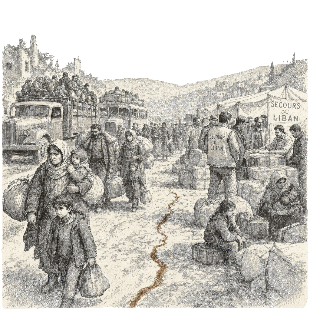 Illustration accompanying article: Aid groups warn of looming humanitarian crisis as Lebanon war displaces 800,000+