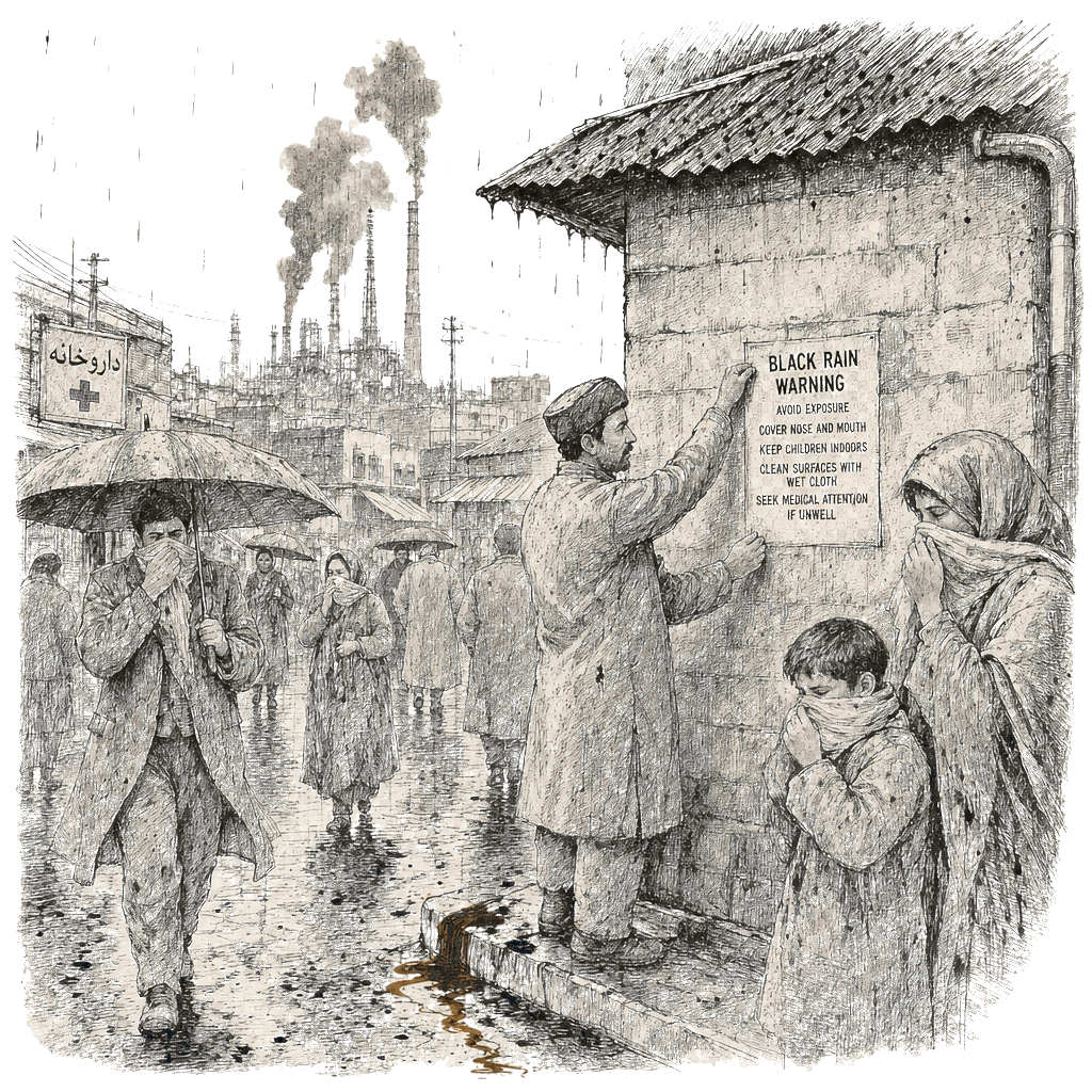 Illustration accompanying article: Black rain after Iran oil strikes raises health and environmental fears