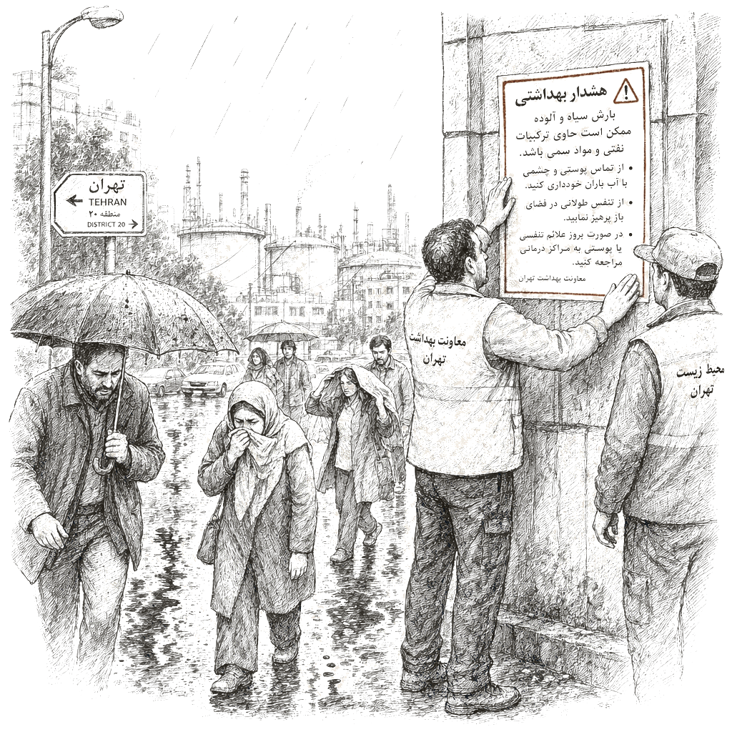 Illustration accompanying article: Black rain in Iran after oil facility strikes raises health concerns