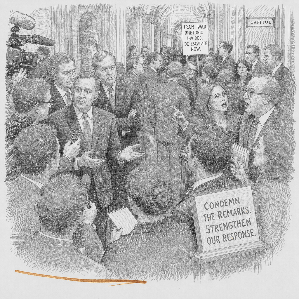 Illustration accompanying article: GOP leaders give tepid pushback as anti-Muslim rhetoric in party rises