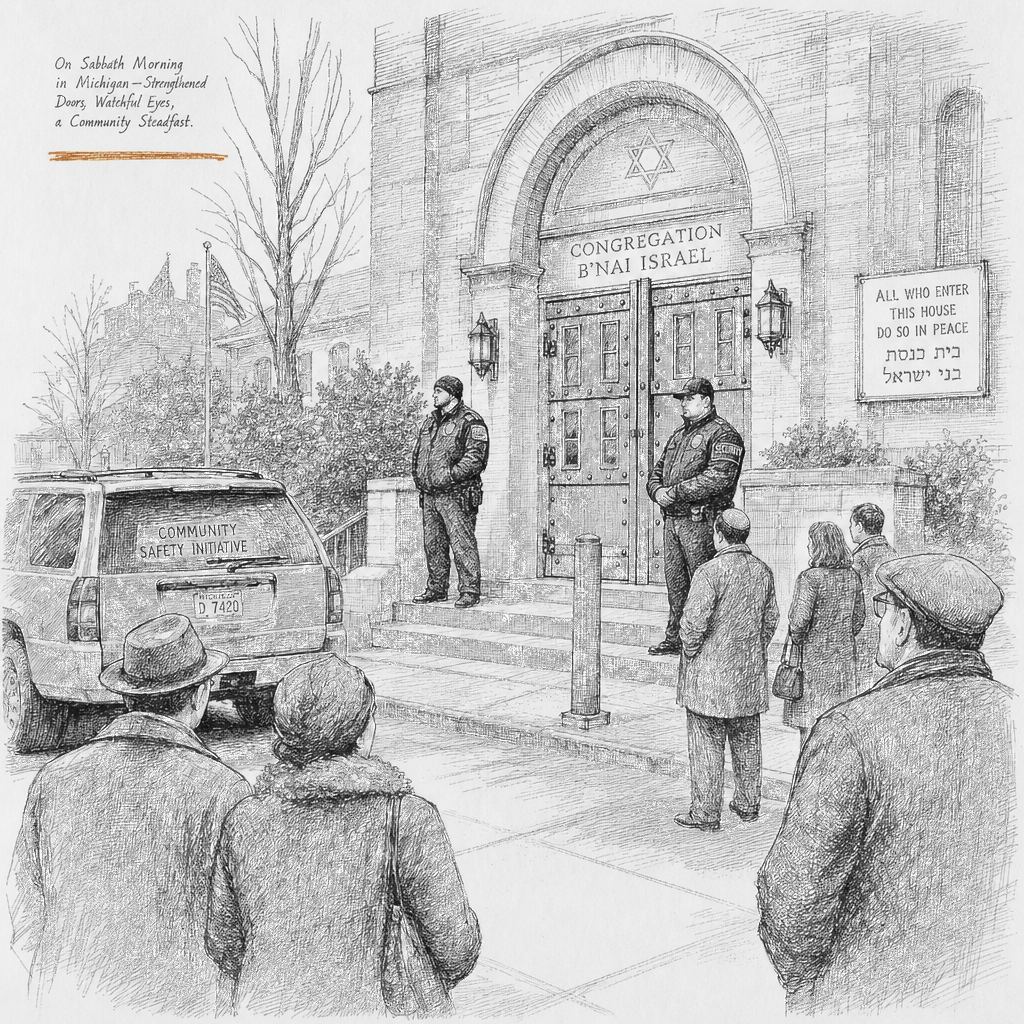 Illustration accompanying article: Michigan synagogue strengthened security before armed attack