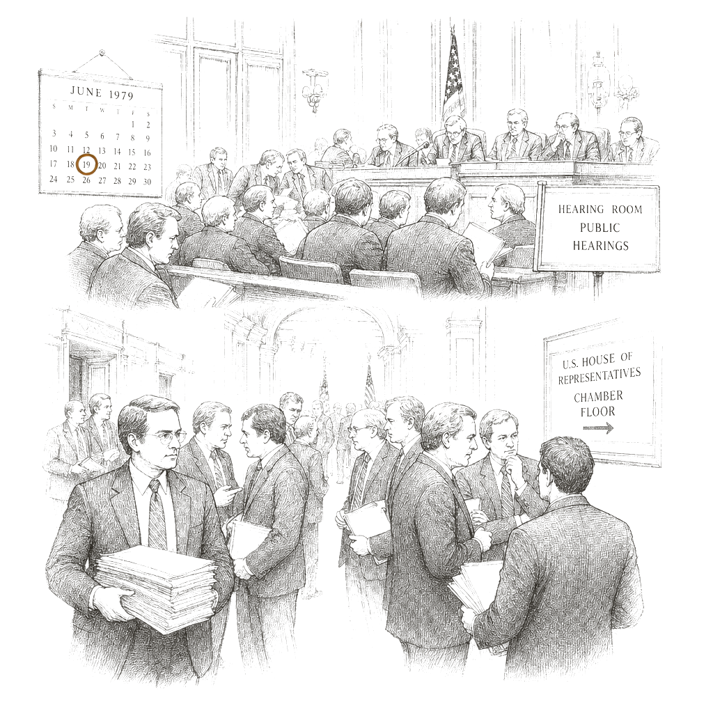 Illustration accompanying article: Republicans resist public hearings on Iran war, Democrats threaten floor votes