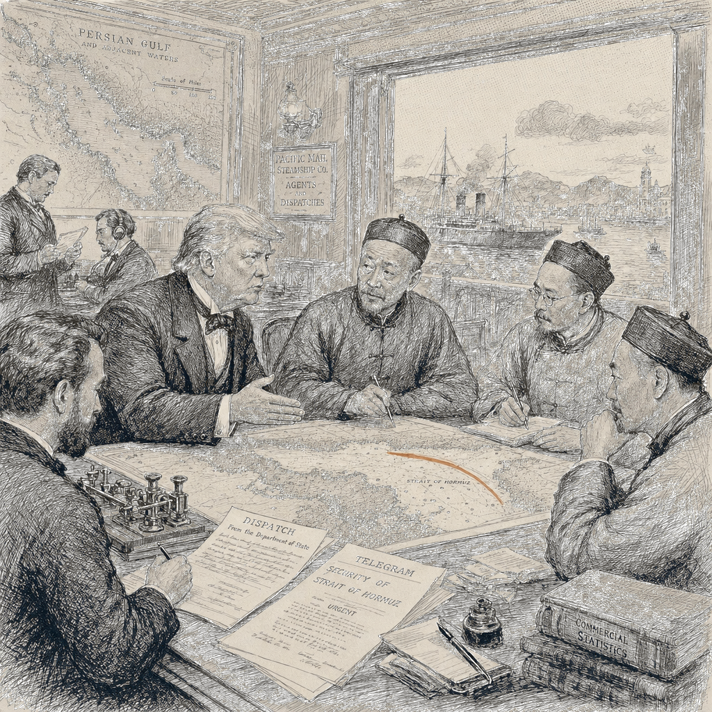 Illustration accompanying article: Trump’s China trip could be delayed as he seeks help securing Strait of Hormuz