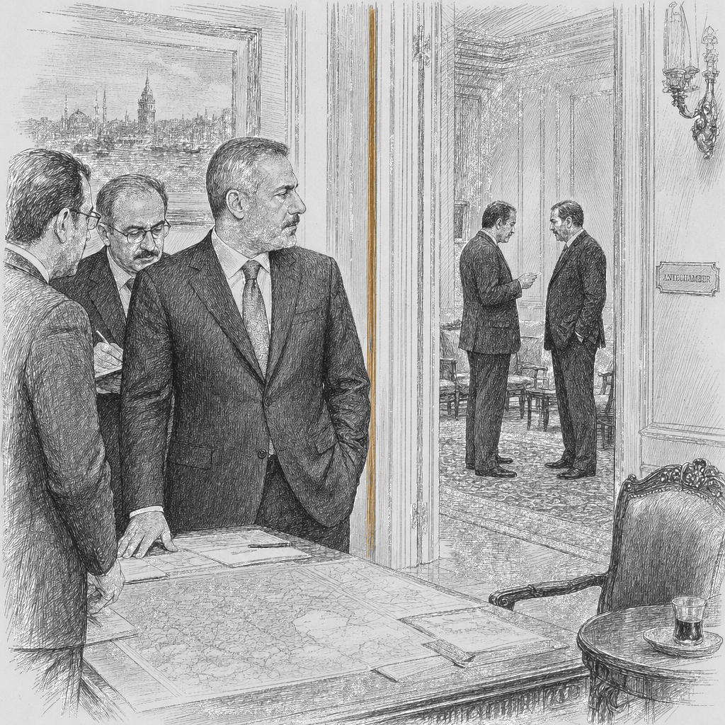 Illustration accompanying article: Turkey’s foreign minister sees potential for US-Iran back-channel talks