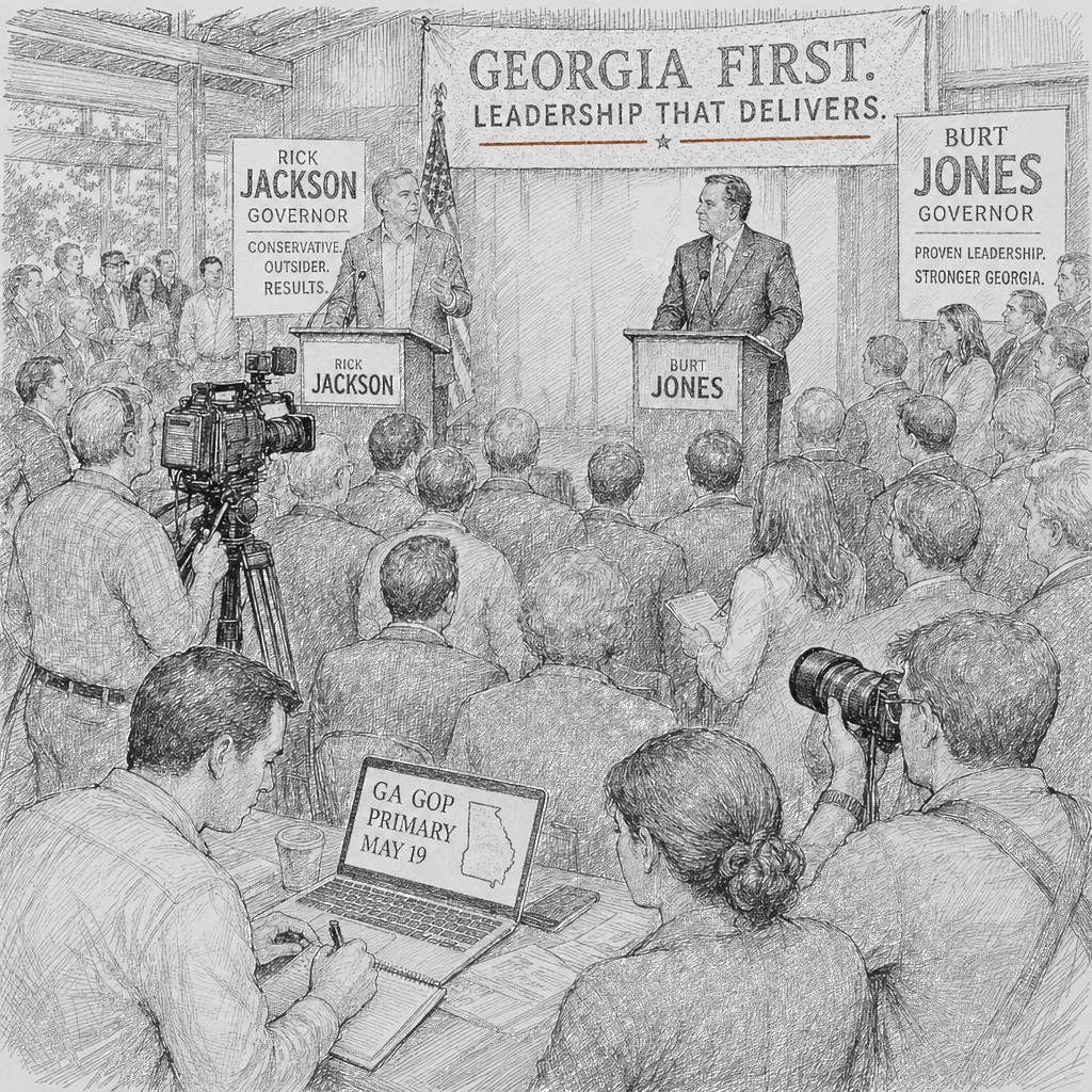 Illustration accompanying article: Wealthy Georgian could challenge Trump-backed Burt Jones for Georgia GOP nod