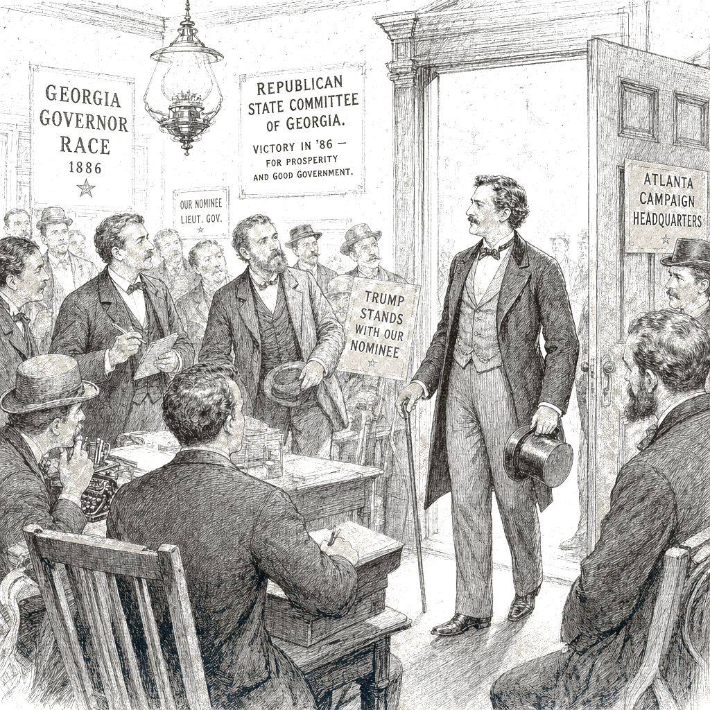 Illustration accompanying article: Wealthy Georgian could wrest GOP governor nomination from Trump's pick