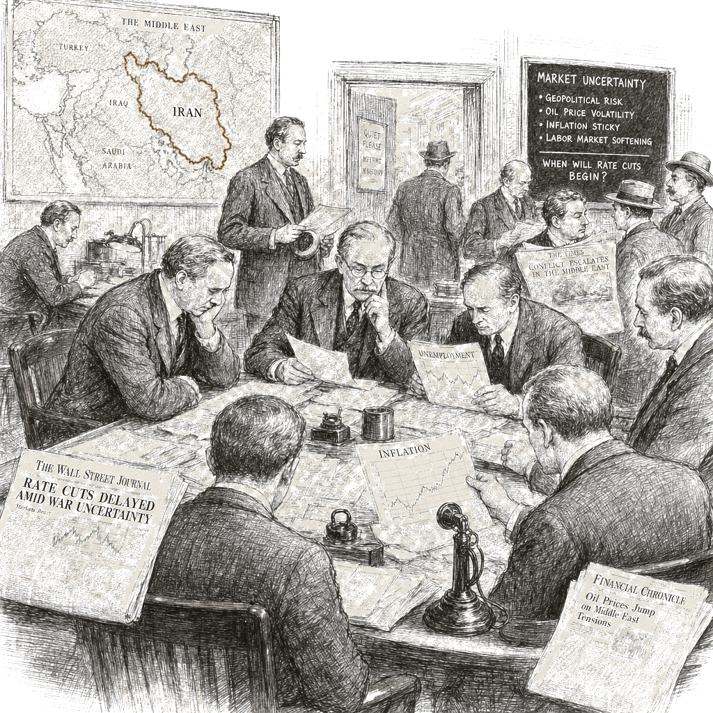 Illustration accompanying article: Iran war likely delays Federal Reserve interest-rate cuts further