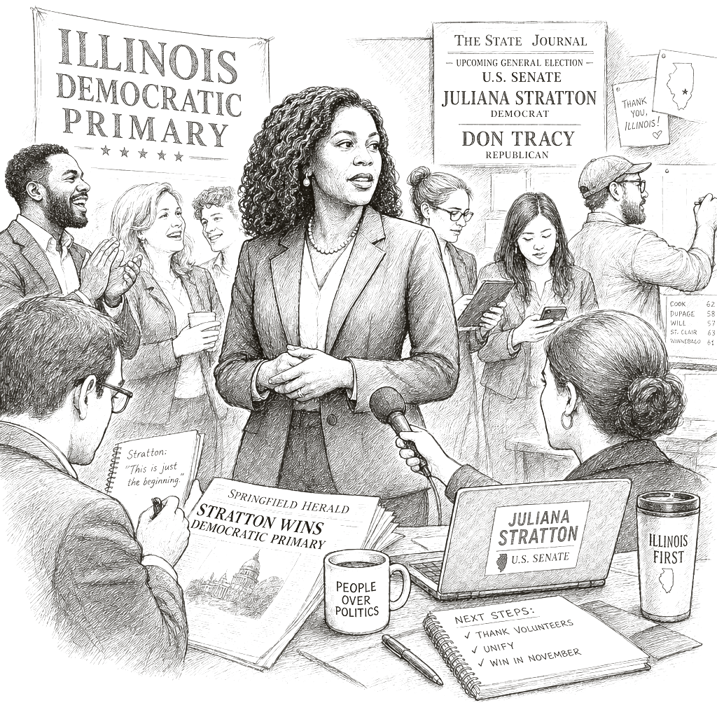 Illustration accompanying article: Juliana Stratton wins Illinois Democratic Senate primary; faces Don Tracy