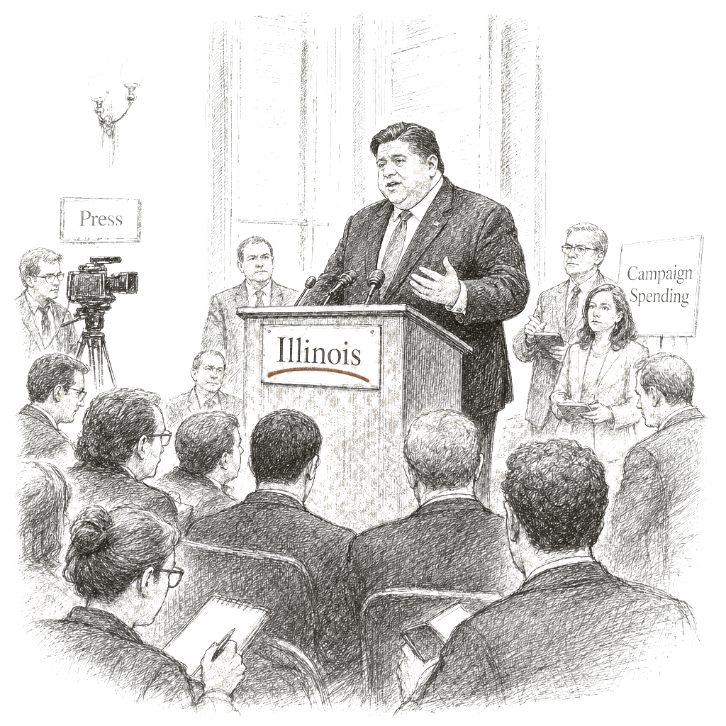 Illustration accompanying article: Pritzker condemns AIPAC after pro-Israel group spent heavily in Illinois