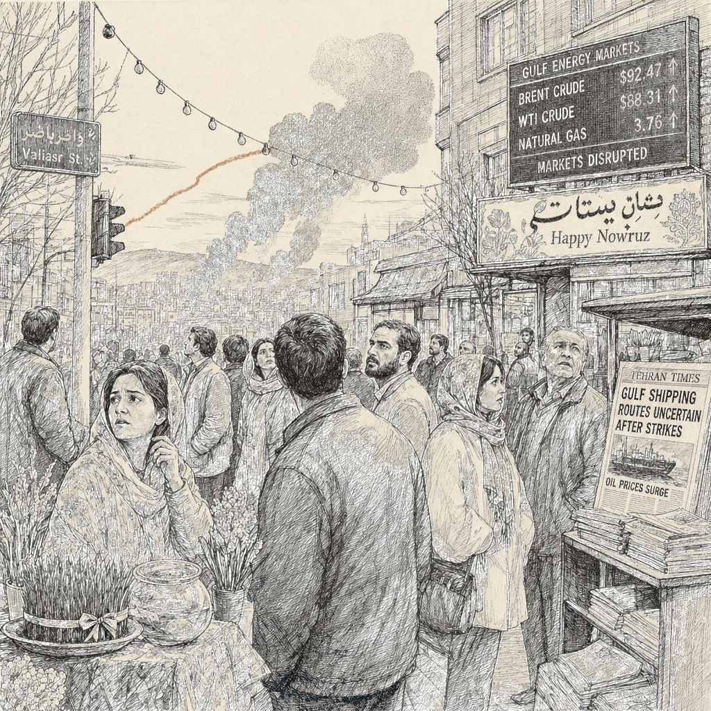 Illustration accompanying article: Israel strikes Tehran on Nowruz as war roils Gulf energy markets